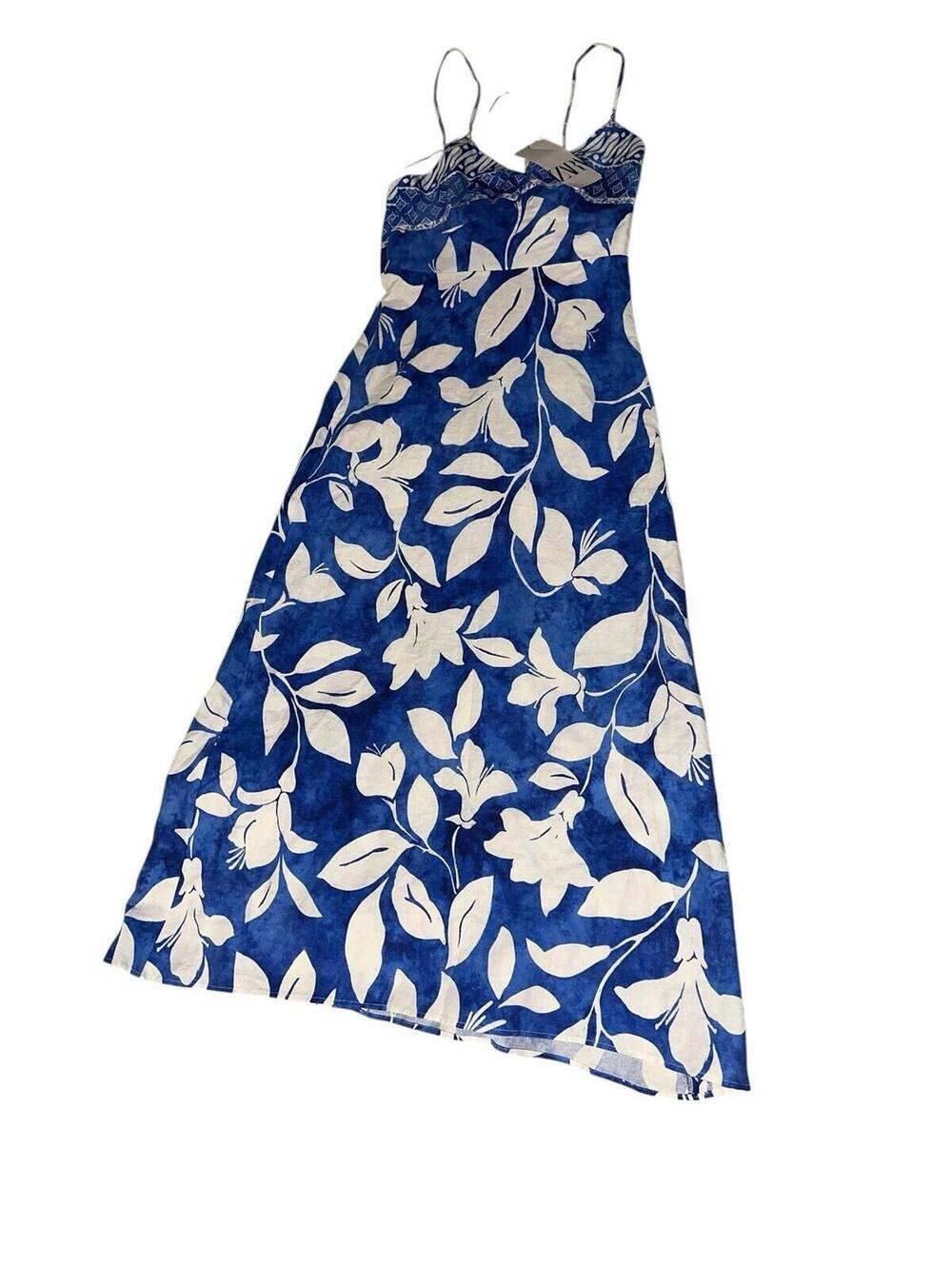 New Zara Blue White Floral Linen Midi Dress Strap Sleeveless V Neck Size XS